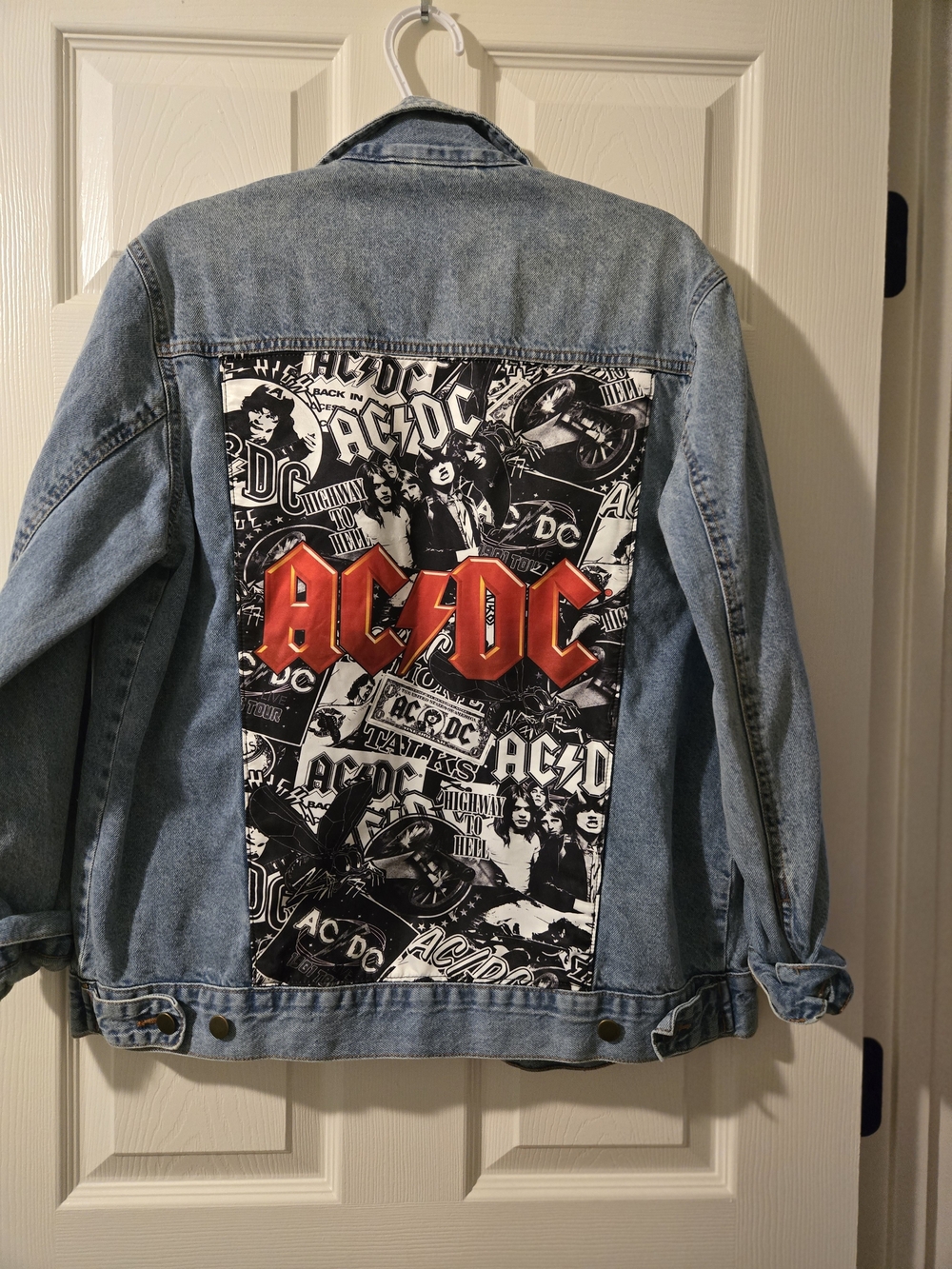 AC/DC Patch Light Wash Denim Jacket - Red & Black Back Panel